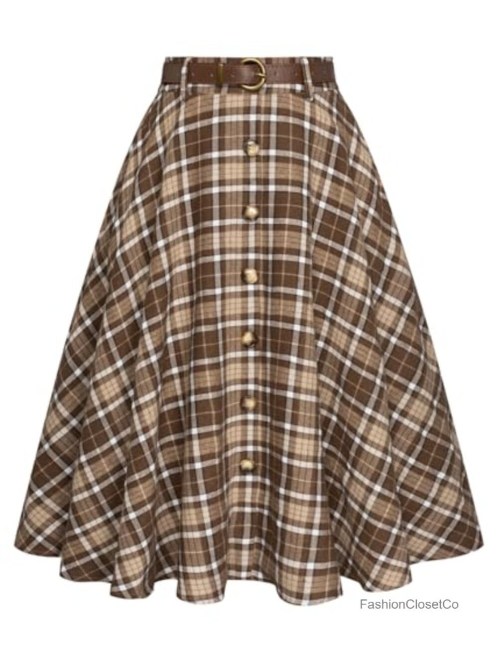 Plaid A-Line Midi Skirt High Waisted Flared Pockets Detachable Belt